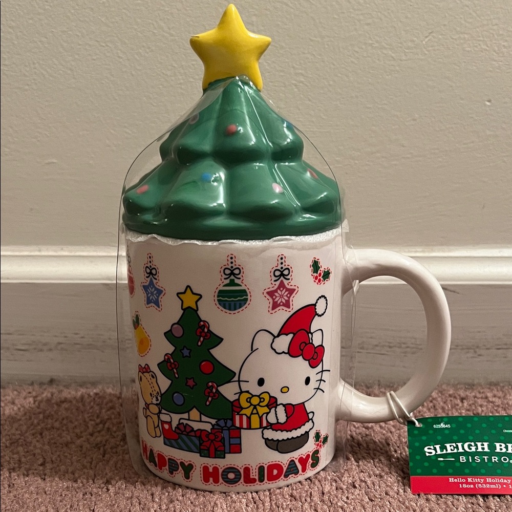 Hello Kitty Holiday Christmas Mug with Green and Yellow Tree Lid